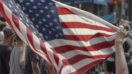 Unidentified people waving American flag in Manhattan, New York City, USAの素材