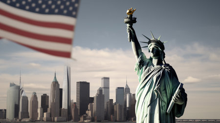 Statue of Liberty and New York City skyline. 3D Renderingの素材