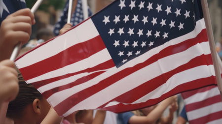 Unrecognizable group of children holding American flags. Selective focus.の素材