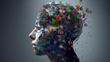 Double exposure portrait of beautiful woman with butterflies in her hair. 3d rendering world mental health day conceptの素材