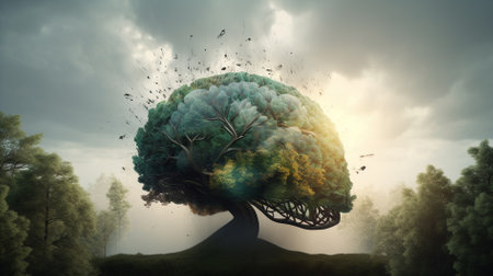 Conceptual image of human brain against cloudy sky background. Mixed media world mental health day conceptの素材