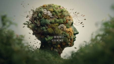 Human head covered with green moss. Mental health concept. 3D rendering world mental health day conceptの素材