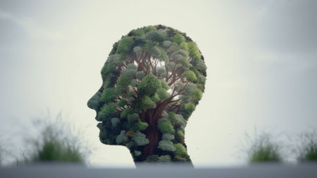 Conceptual image of a human head made of green trees. world mental health day conceptの素材