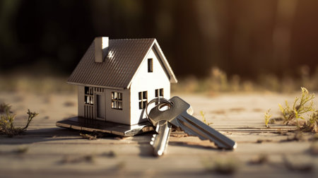 House and keys on a wooden background. Real estate concept. Selective focus.の素材