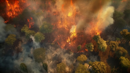 Forest fire, burning trees and grass in the foreground, 3d illustrationの素材