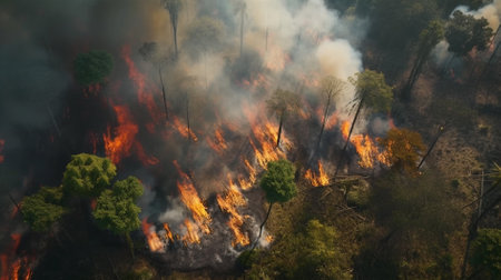 Forest fire, burning dry grass and trees in the forest during the summerの素材
