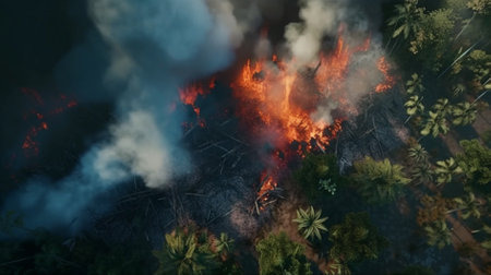 3d illustration of forest fire with smoke and flames on the groundの素材