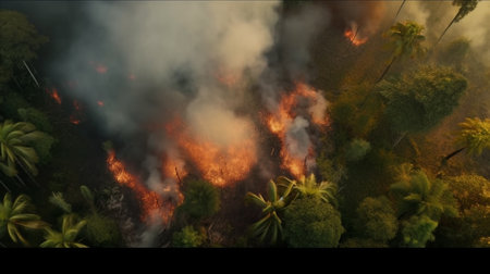 3D illustration of a fire in the jungle with palm trees.の素材