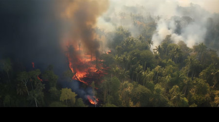 Forest fire in the jungle. Natural disaster. 3D rendering.の素材