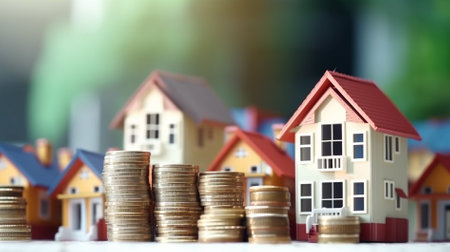 Miniature house and coins stack on blurred background. Real estate concept.の素材