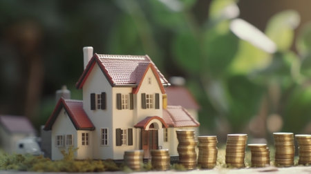 Miniature house model and gold coins. Real estate investment concept.の素材