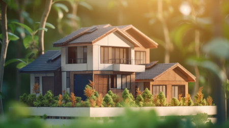 Miniature model of house on nature background. 3d rendering.の素材
