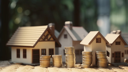 Miniature house model and coins on the sand background. Real estate concept.の素材