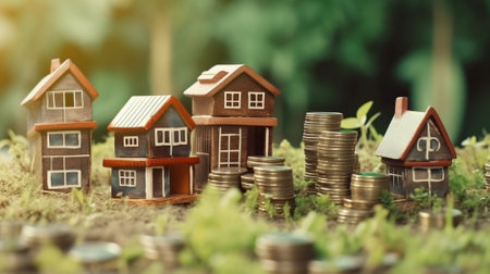 Miniature houses and coins on green background. Real estate concept.の素材