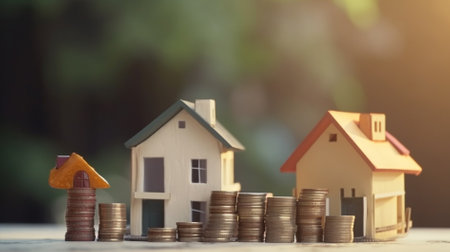 Miniature house model and coins stacks on wood table. Real estate investment and saving money concept.の素材