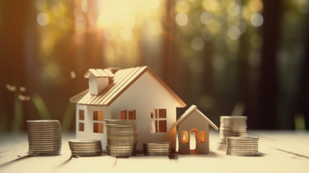 House model and coins on wooden table with bokeh background, real estate conceptの素材