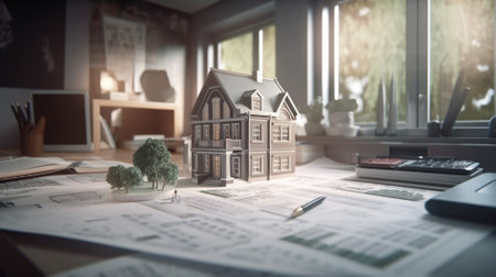 Real estate concept. House model and blueprint on desk in office.の素材
