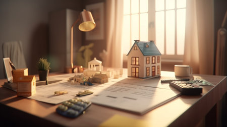 House model and calculator on a desk. Real estate concept. 3d renderingの素材