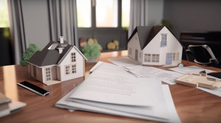 Real estate agent working with house model on table. Real estate business concept.の素材