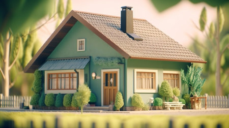 Miniature house with garden in the background. 3d rendering.の素材