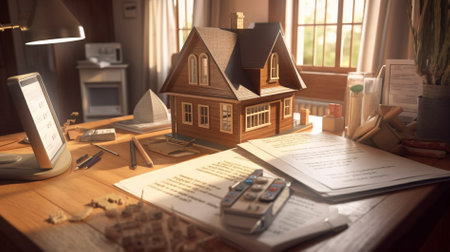 Real estate concept. Miniature house model on wooden table with calculator and documents.の素材