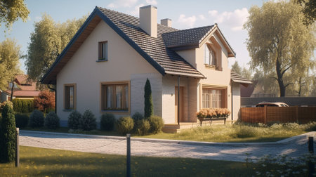 Modern house in the countryside on a sunny day with blue sky.の素材