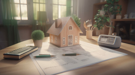 House model on the table with calculator and notebook. Real estate concept.の素材
