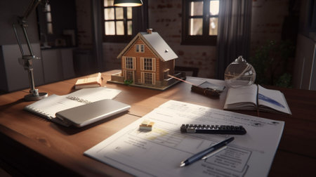 House model on desk with notepad and pen. Real estate concept.の素材