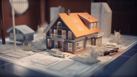 Miniature model of a house on the table. Real estate concept.の素材