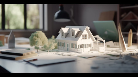 Architectural model of a house on a desk. 3d renderingの素材