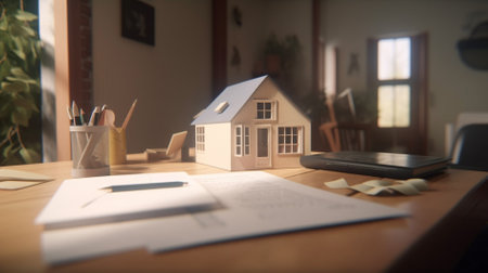 House model on desk in home office. Real estate concept. Blurred background.の素材