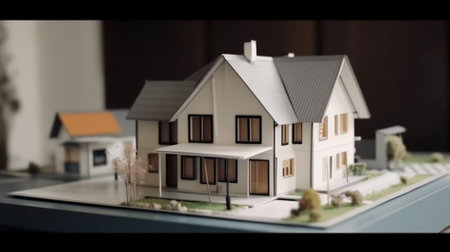 Model of a house on the table. Real estate concept. 3d renderingの素材