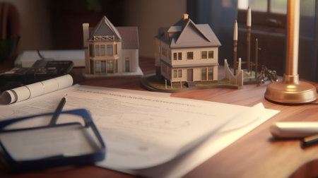 Real estate agent working on house model at desk in office. Close upの素材