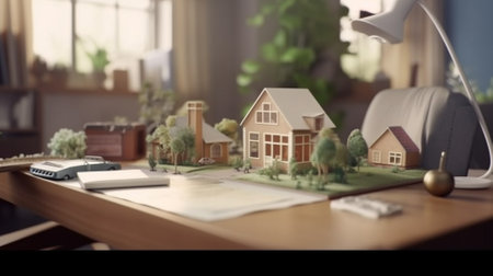 Real estate concept. Miniature model of house on table. 3d renderingの素材