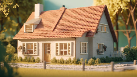Miniature house with red roof in garden. Vintage style toned pictureの素材