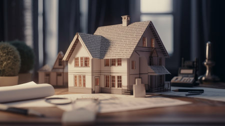 House model and blueprint on a desk. Real estate concept. 3D Renderingの素材