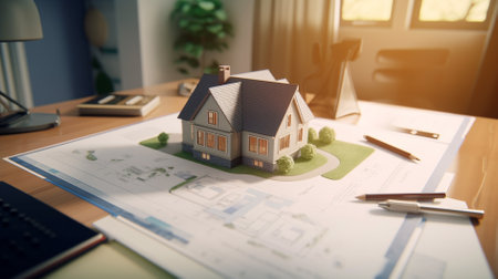 House model on table in office. Real estate and property concept.の素材