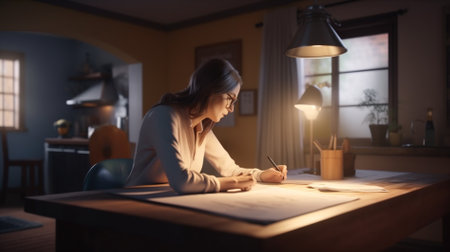 Young woman writing in notebook while sitting at table in kitchen at nightの素材