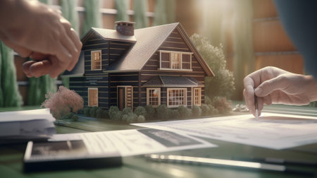 Real estate agent showing house model to customer. Home loan concept.の素材
