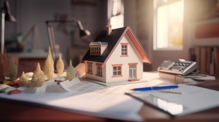 House model on desk. Real estate concept. 3d rendering.の素材