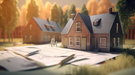 Miniature houses and blueprint. Real estate concept. 3d renderingの素材