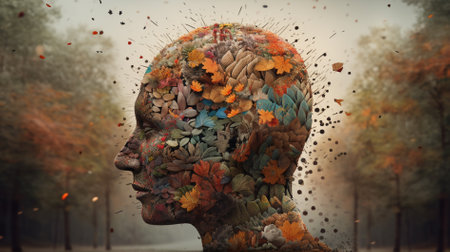 Double exposure of human head with colorful autumn leaves. 3d renderの素材