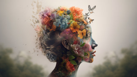 Fantasy portrait of beautiful young woman with flowers in her hair.の素材