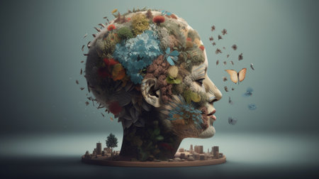 Human head with colorful flowers and butterflies floating around. 3D renderingの素材