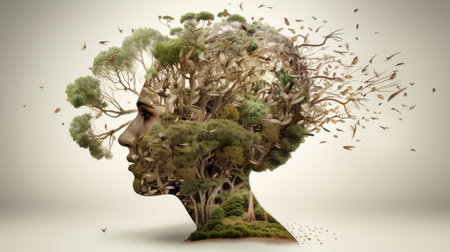 Conceptual image of human head with green tree instead of headの素材