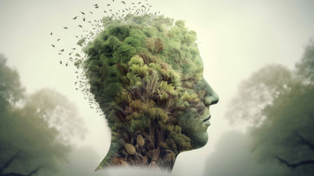 Double exposure of human head and green tree in the forest. 3D renderingの素材