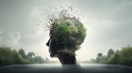 Conceptual image of human head with green tree instead of headの素材