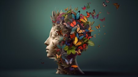 Human head with colorful butterflies instead of hair. 3d illustration.の素材