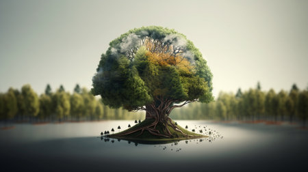 Conceptual image with green tree in lake. 3d renderingの素材