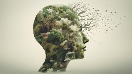 Conceptual image of a human head with trees and birds.の素材